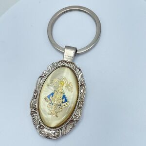 Vintage 90s Blue Enamel Religious Oval Pendant Keychain Silver Tone Jewelry